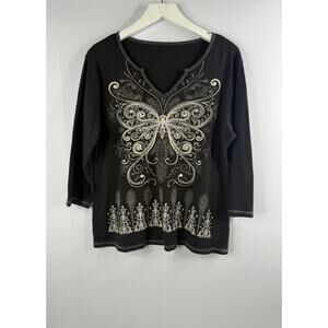 VTG Y2K 90’S Blue Canyon Butterfly Rhinestone Top Womens Sz L Black Fairy Grunge